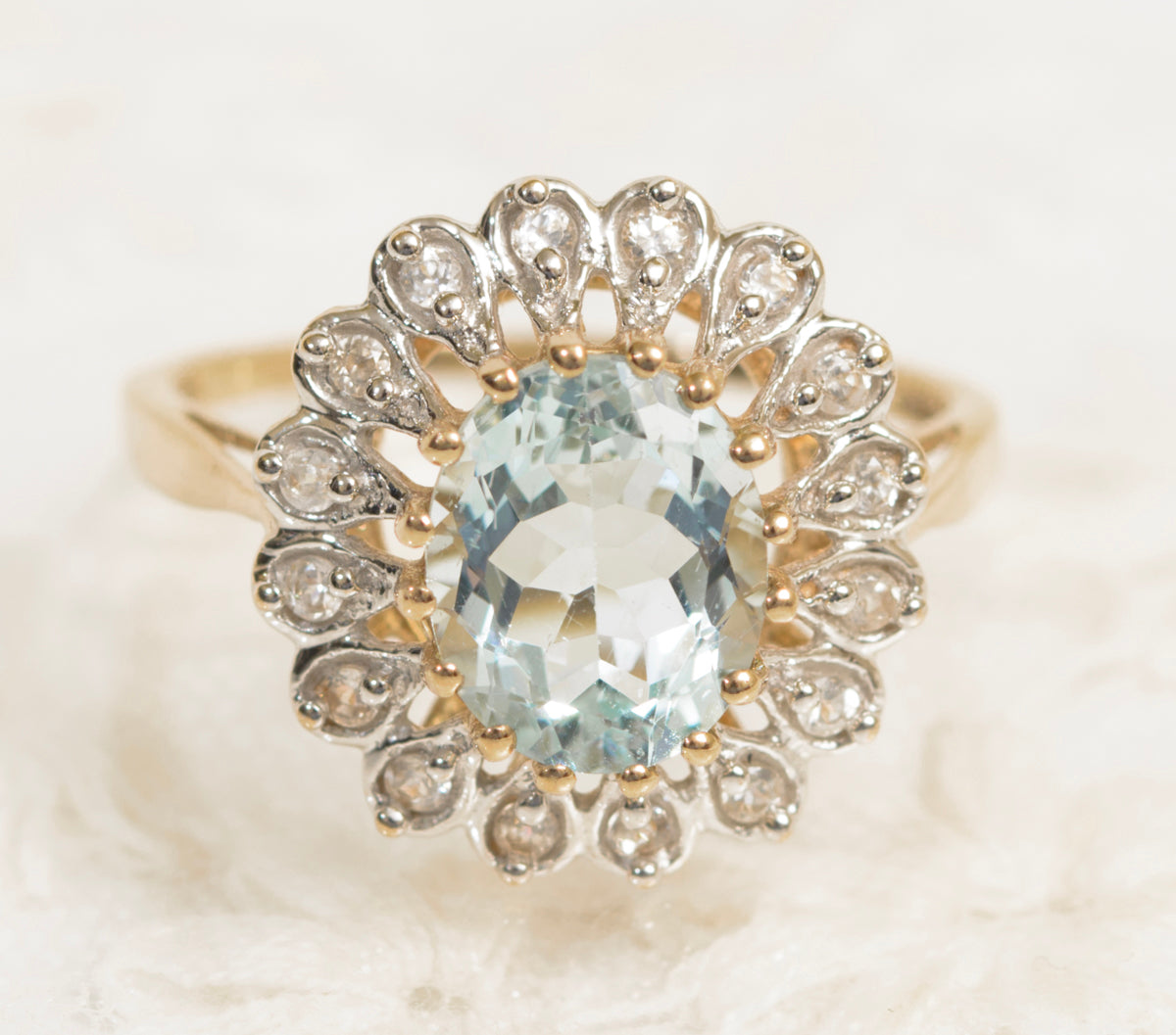 9ct Yellow Gold Ring With Large 2.37 Carat Natural Aquamarine Gemstone With Zircon Halo (A1968)