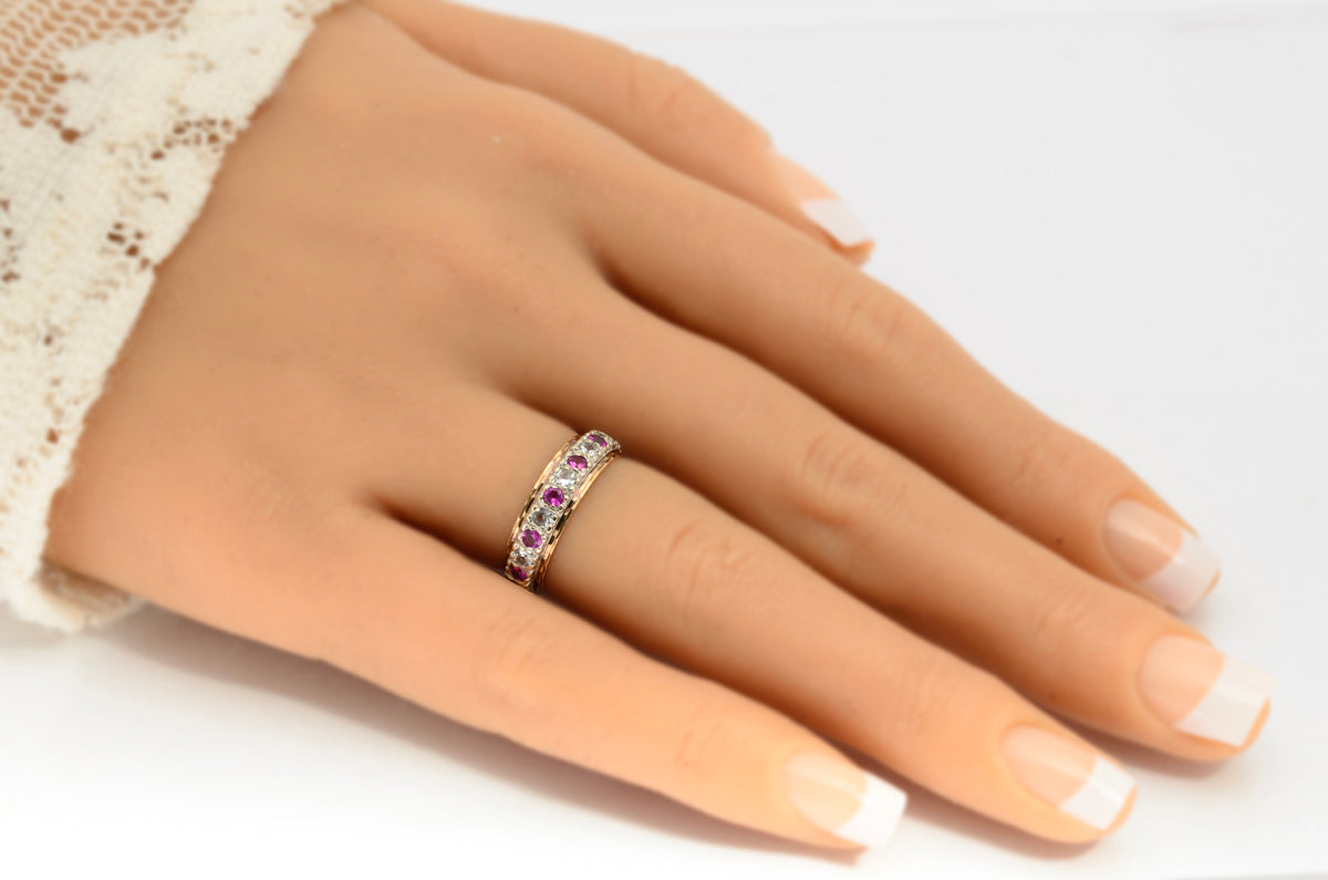 Vintage 9ct Yellow & White Gold Full Eternity Ring With Pink Sapphires - Boxed (A1988)