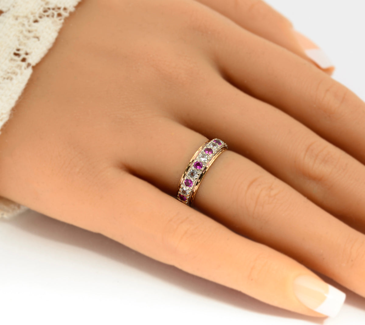 Vintage 9ct Yellow & White Gold Full Eternity Ring With Pink Sapphires - Boxed (A1988)