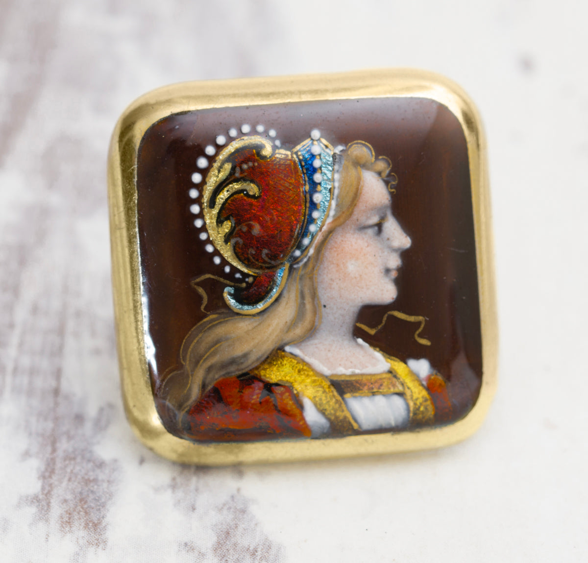 Antique French Limoges Enamel & Foil Brooch/Pin Hand Painted Maiden (A2002)