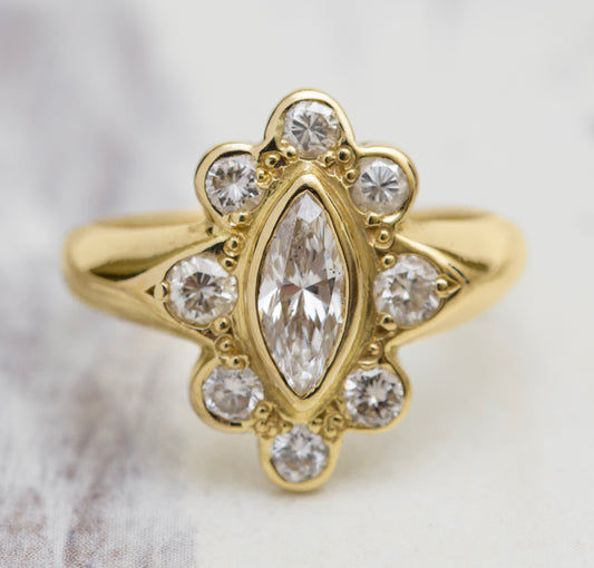 Vintage 18ct Yellow Gold Ring With Marquise Diamond & Halo 0.82 tcw (A2013)