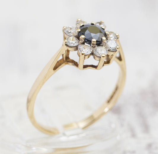 Vintage 9ct Yellow Gold Ring With Midnight Blue Sapphire & CZ Halo Size M (A2016)
