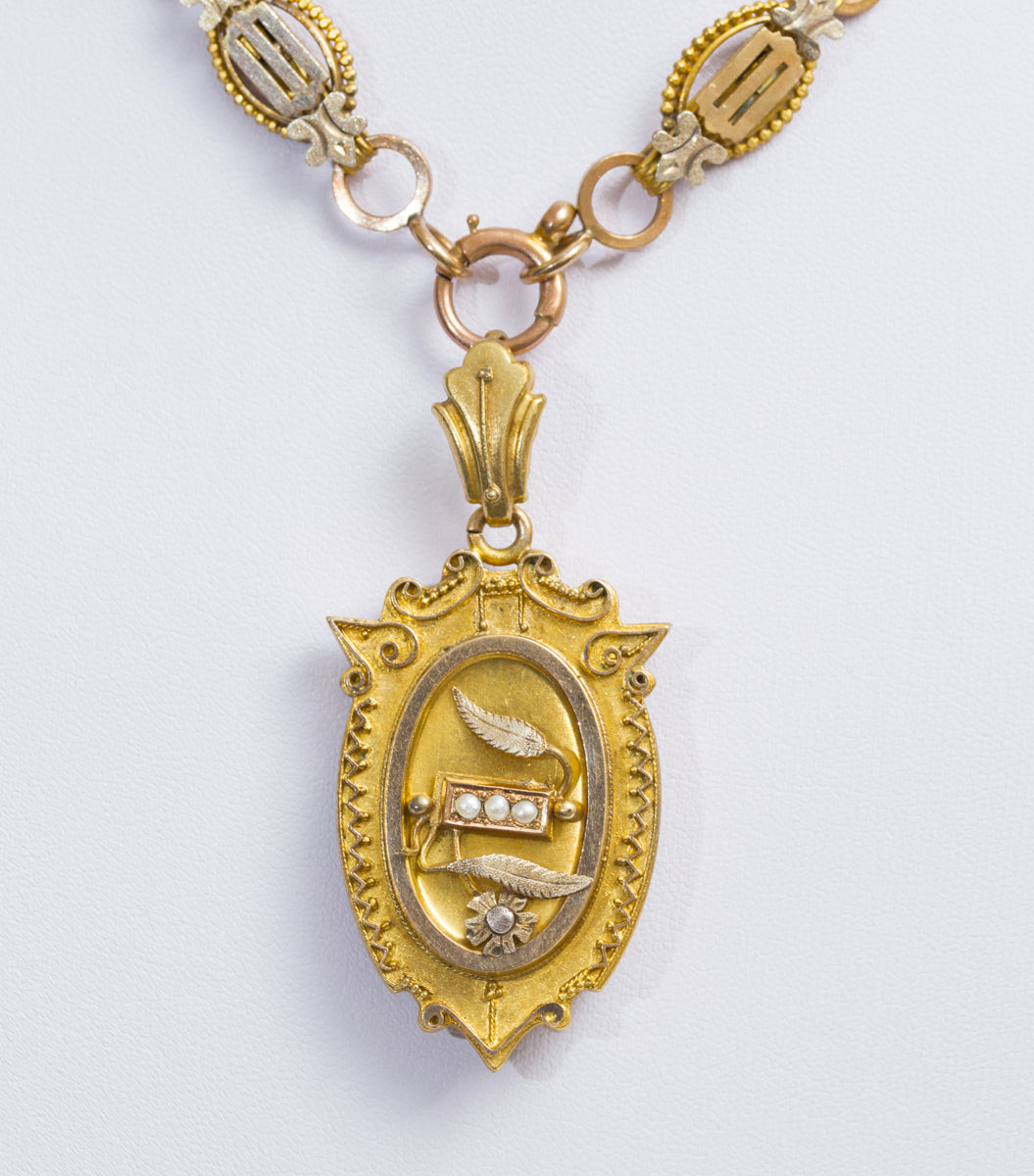 Antique Victorian Fancy Link Choker Necklace & Sweetheart Locket Gilt & Gold (A2019)