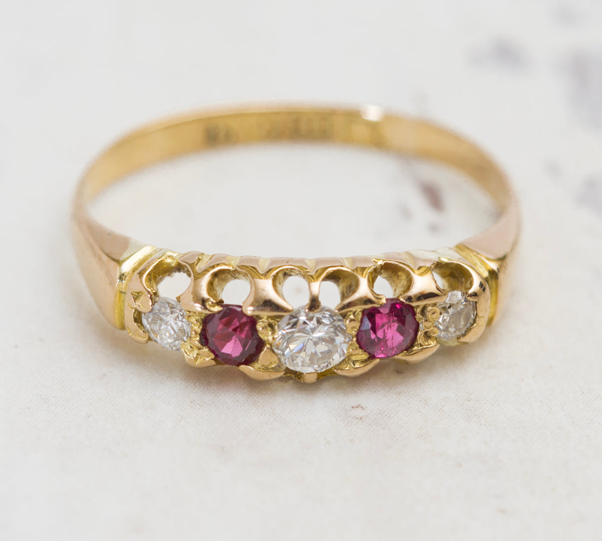 Antique 18ct Yellow Gold Ring 5 Stone Natural Diamond & Ruby Birmingham Hallmark Size L (A2021)