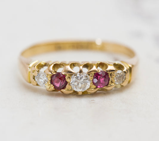 Antique 18ct Yellow Gold Ring 5 Stone Natural Diamond & Ruby Birmingham Hallmark Size L (A2021)
