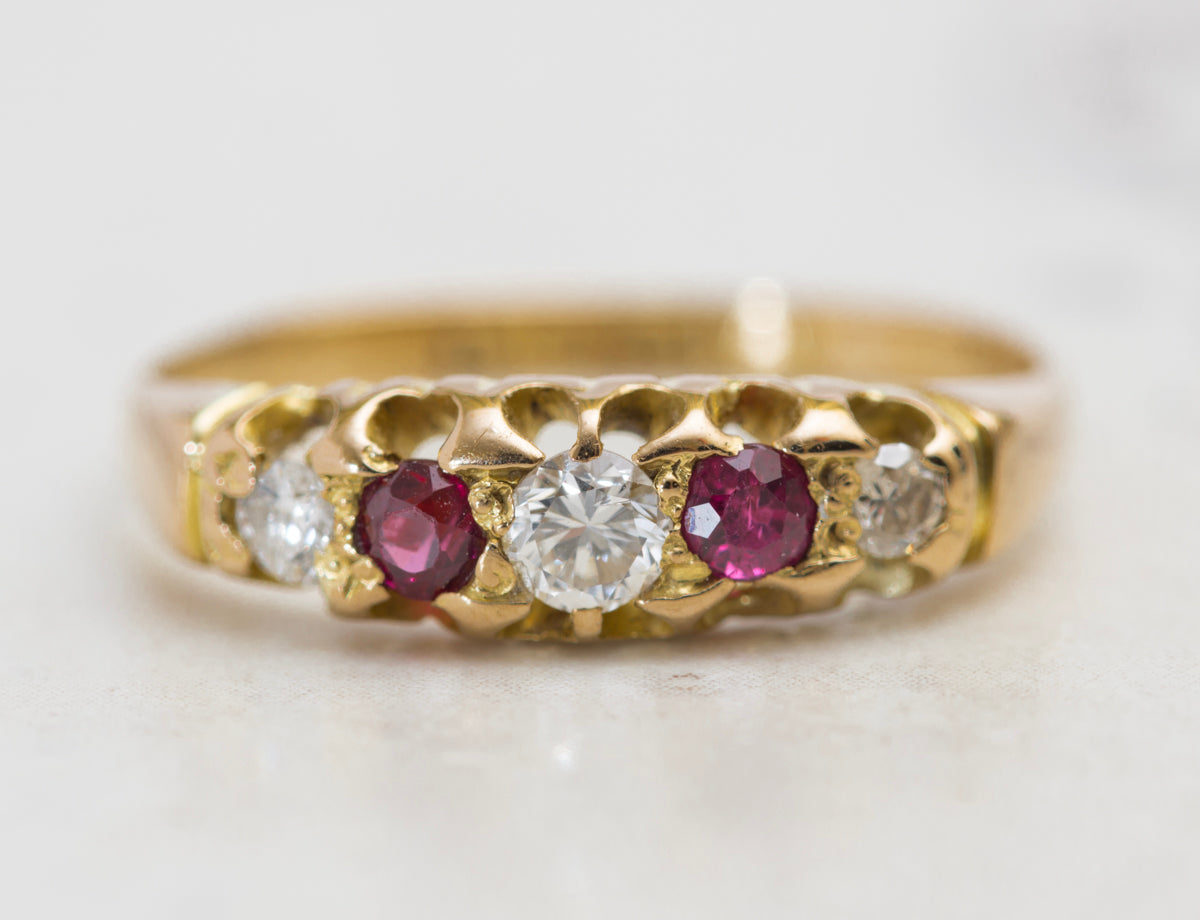 Antique 18ct Yellow Gold Ring 5 Stone Natural Diamond & Ruby Birmingham Hallmark Size L (A2021)