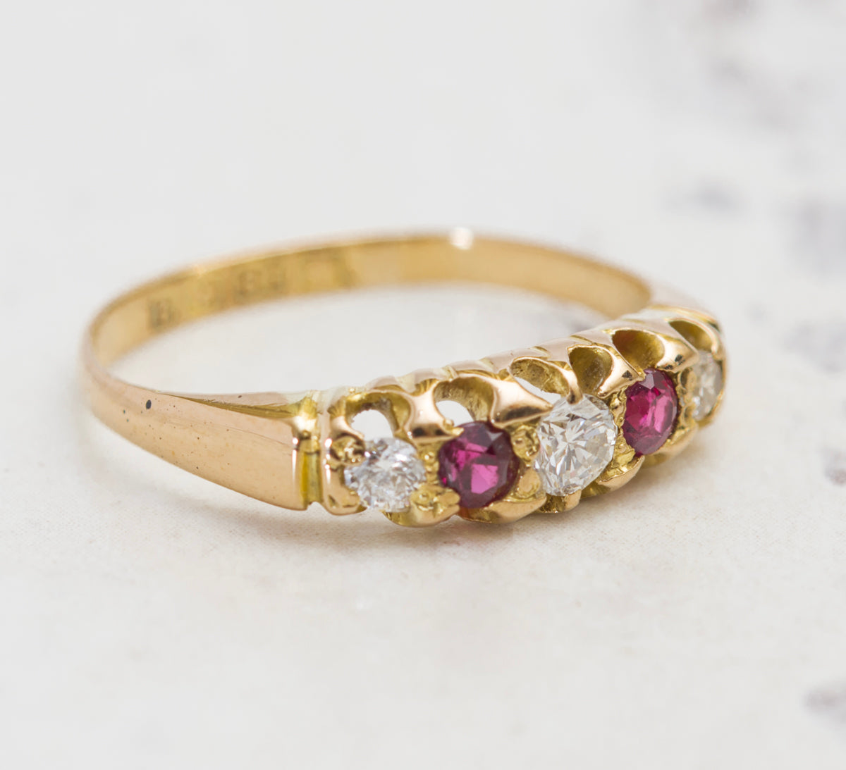 Antique 18ct Yellow Gold Ring 5 Stone Natural Diamond & Ruby Birmingham Hallmark Size L (A2021)