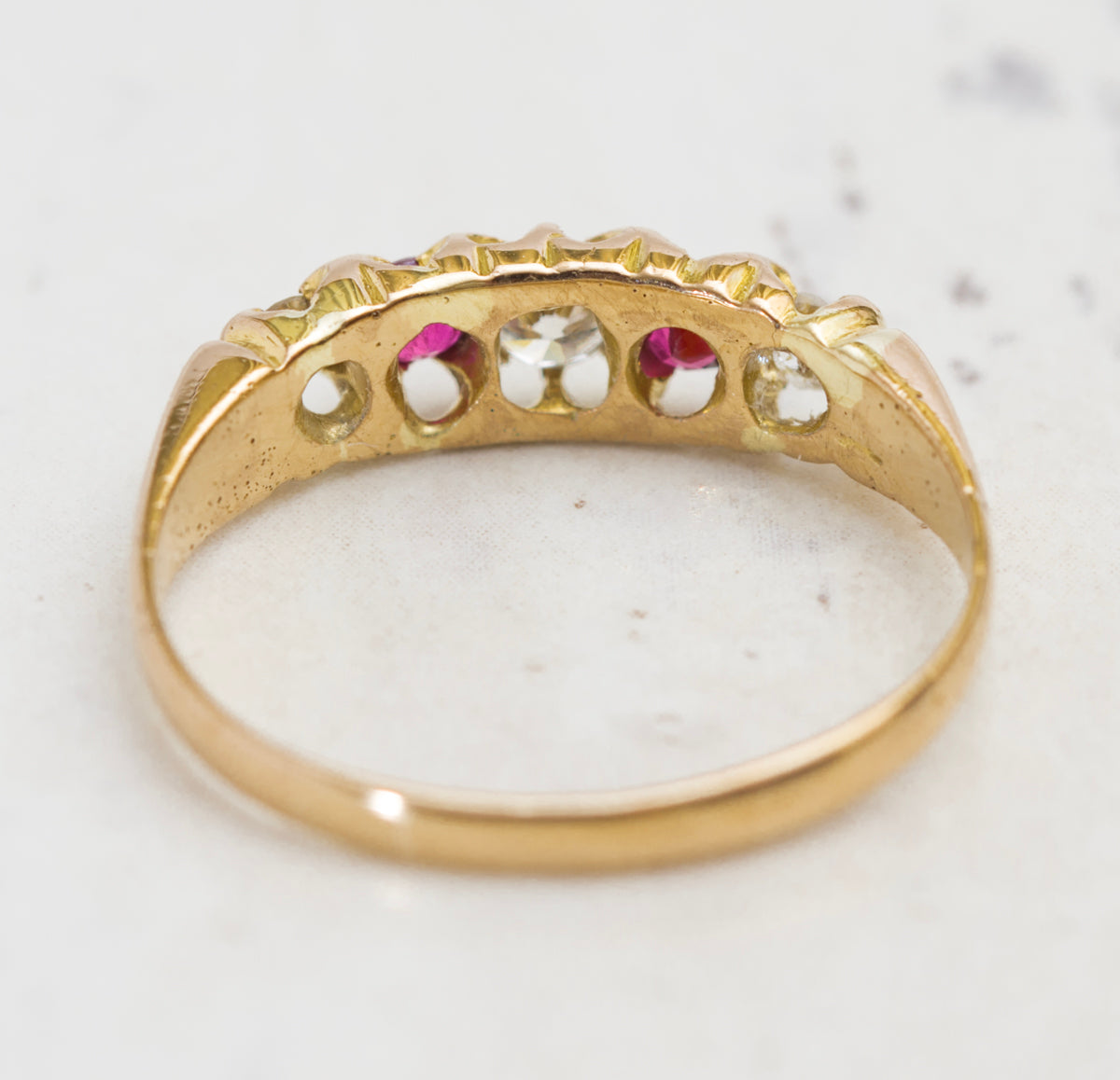 Antique 18ct Yellow Gold Ring 5 Stone Natural Diamond & Ruby Birmingham Hallmark Size L (A2021)
