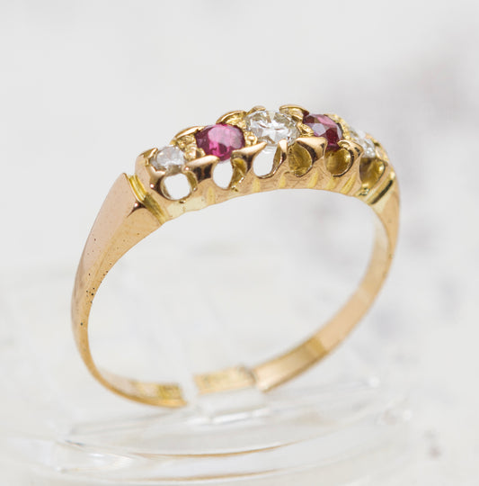 Antique 18ct Yellow Gold Ring 5 Stone Natural Diamond & Ruby Birmingham Hallmark Size L (A2021)