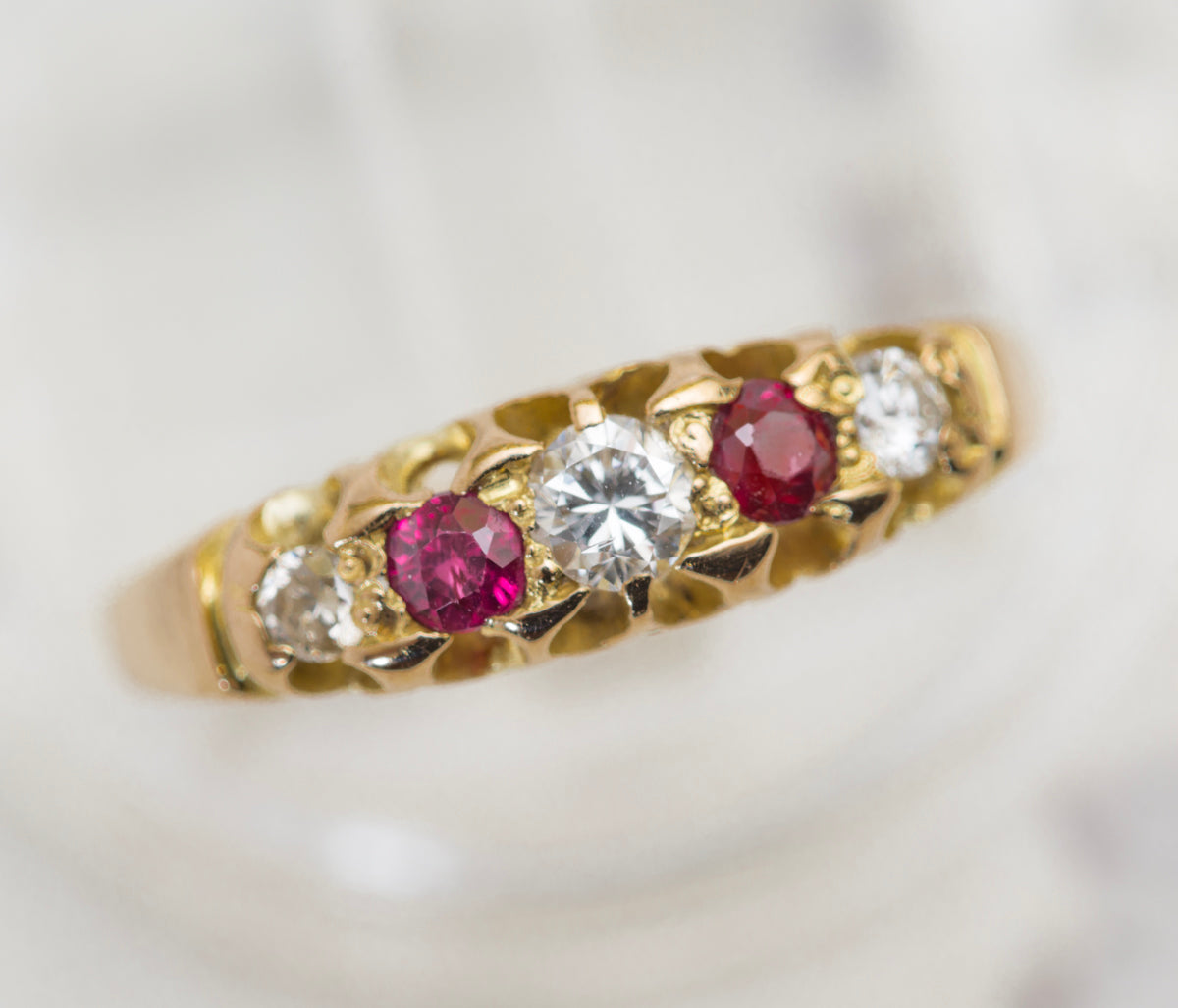 Antique 18ct Yellow Gold Ring 5 Stone Natural Diamond & Ruby Birmingham Hallmark Size L (A2021)