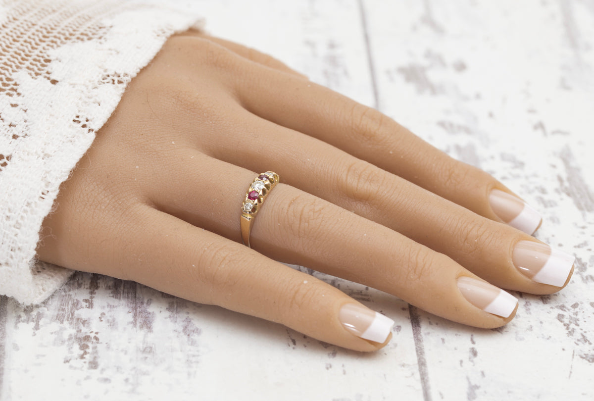 Antique 18ct Yellow Gold Ring 5 Stone Natural Diamond & Ruby Birmingham Hallmark Size L (A2021)