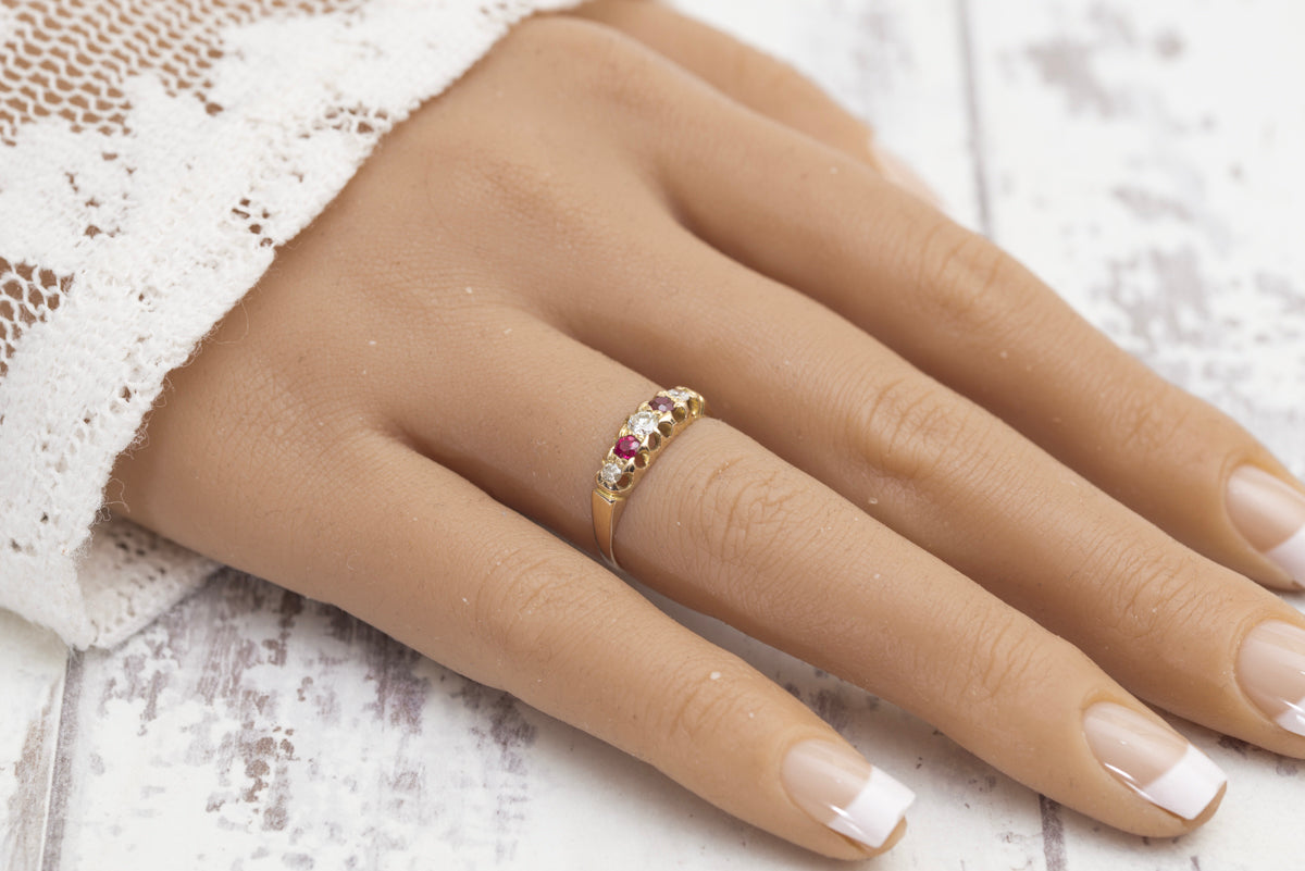 Antique 18ct Yellow Gold Ring 5 Stone Natural Diamond & Ruby Birmingham Hallmark Size L (A2021)