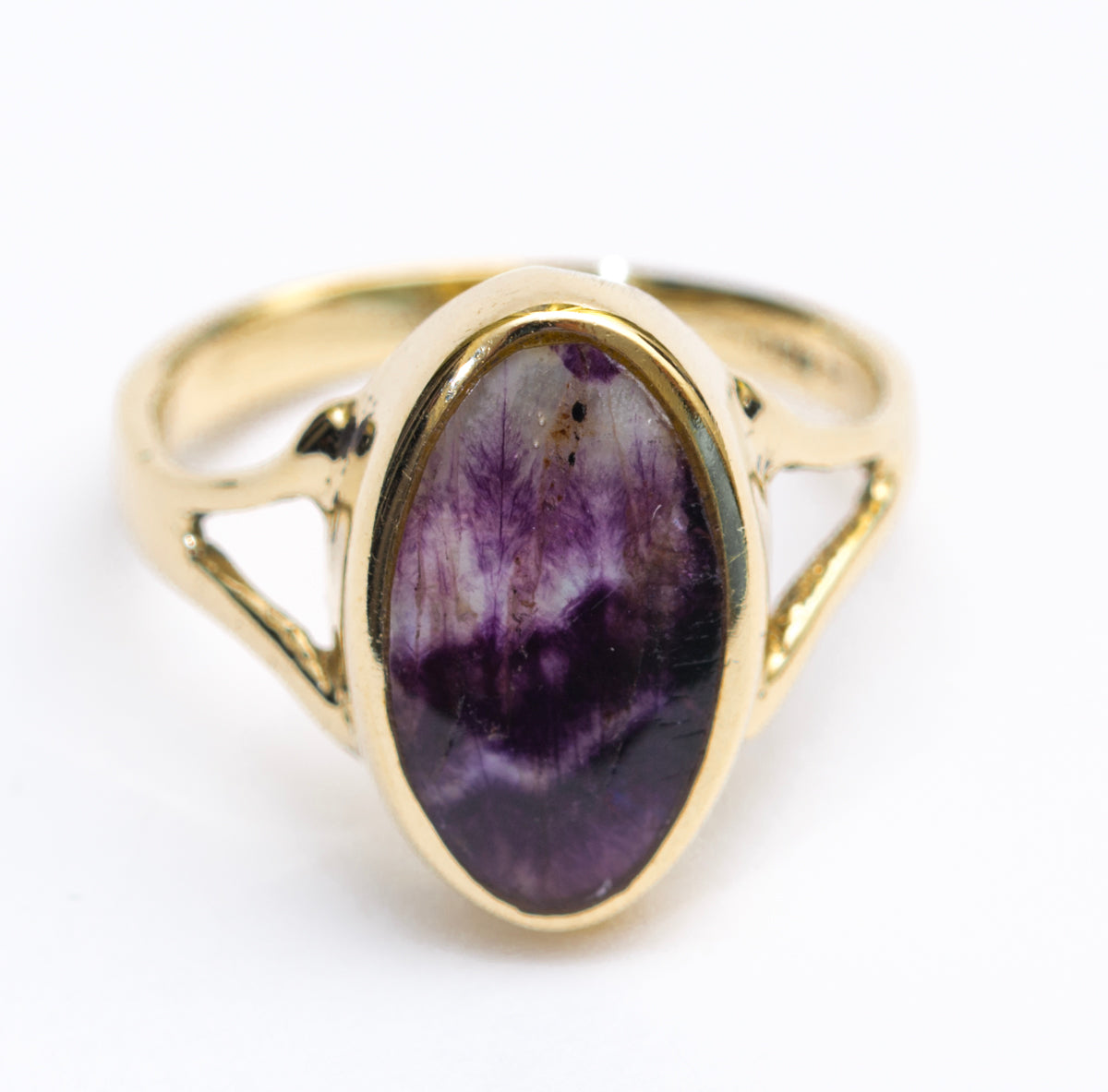 9ct Yellow Gold Blue John Ring With Oval Cabochon Hallmarked Sheffield Size K (A2024)
