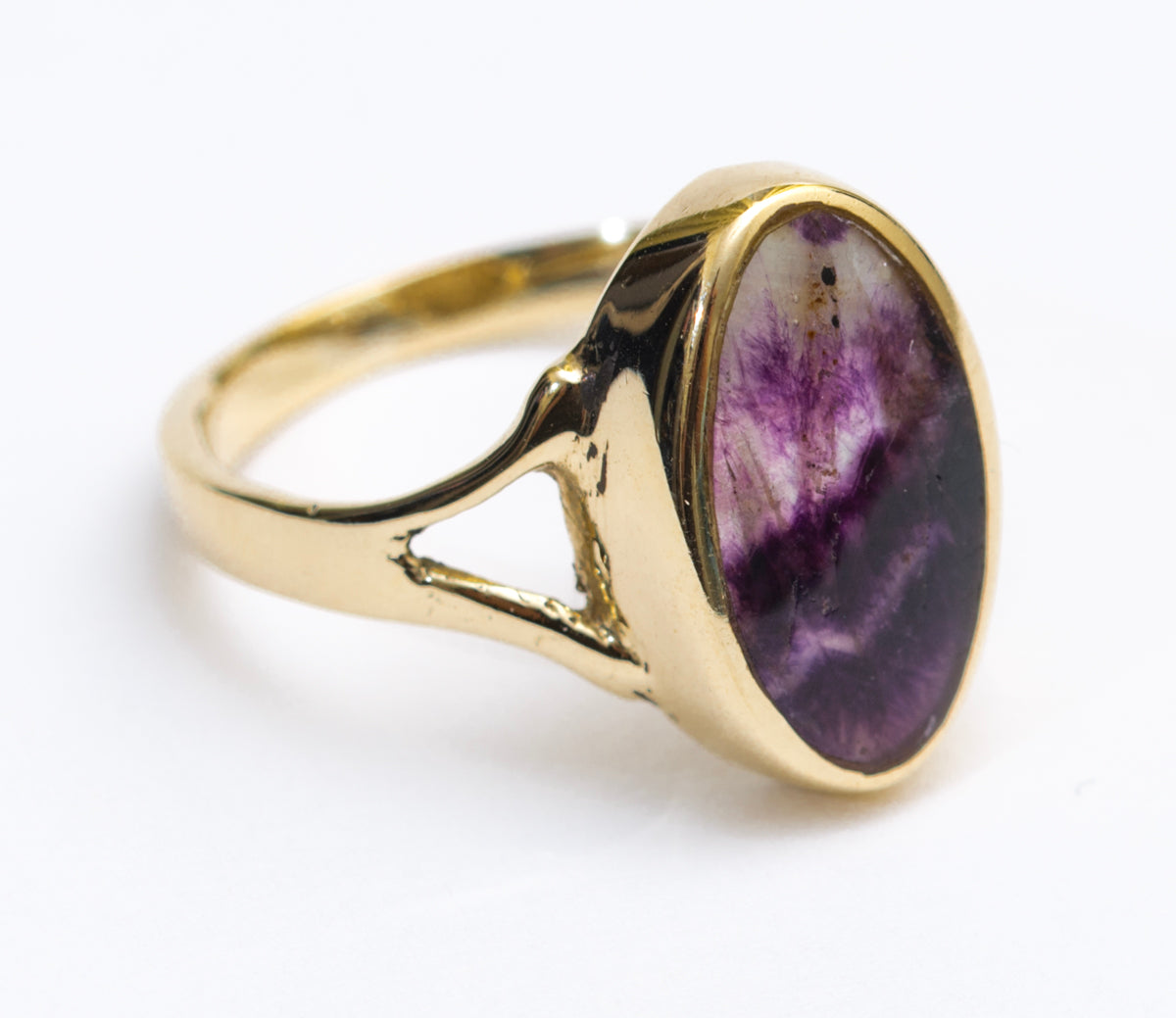 9ct Yellow Gold Blue John Ring With Oval Cabochon Hallmarked Sheffield Size K (A2024)