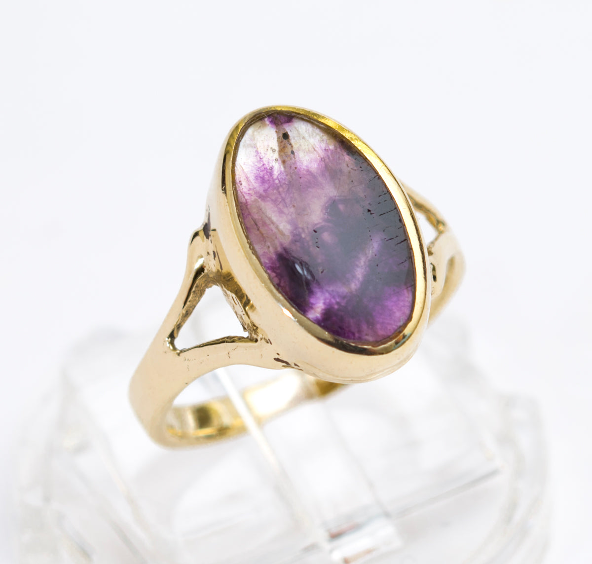 9ct Yellow Gold Blue John Ring With Oval Cabochon Hallmarked Sheffield Size K (A2024)