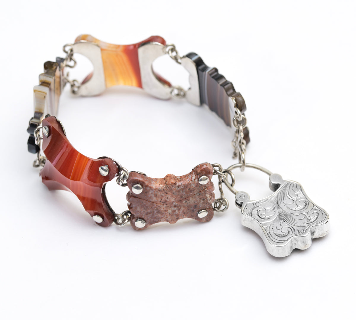 Antique Scottish Carved Agate Panel Bracelet Silver Mounts & Padlock Closure (A2027)