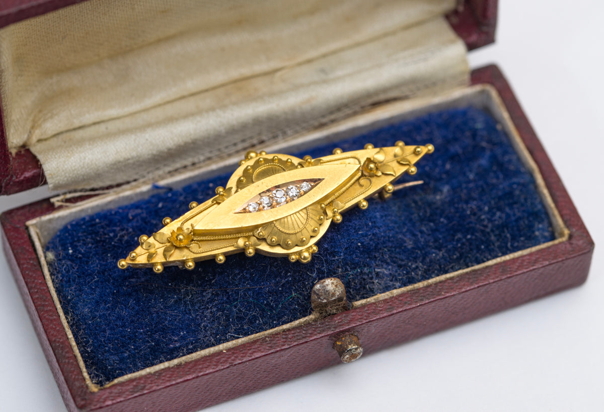 Antique Victorian Brooch 15ct Yellow Gold & Diamond Etruscan Revival With Box (A2028)