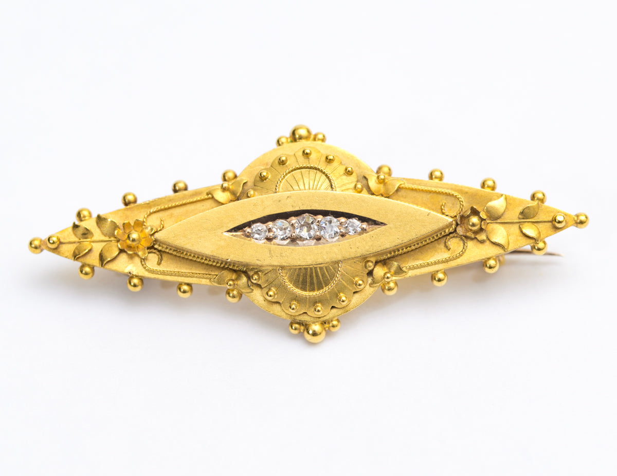 Antique Victorian Brooch 15ct Yellow Gold & Diamond Etruscan Revival With Box (A2028)