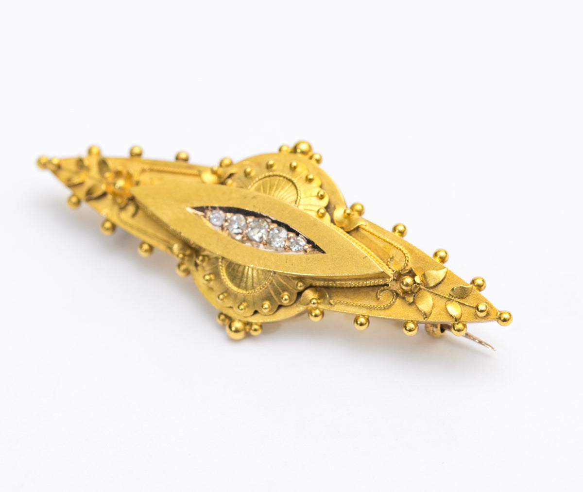 Antique Victorian Brooch 15ct Yellow Gold & Diamond Etruscan Revival With Box (A2028)
