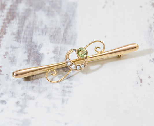 Antique 9ct Yellow Gold Bar Brooch Crescent Moon & Star Seed Pearls - Boxed (A2036)