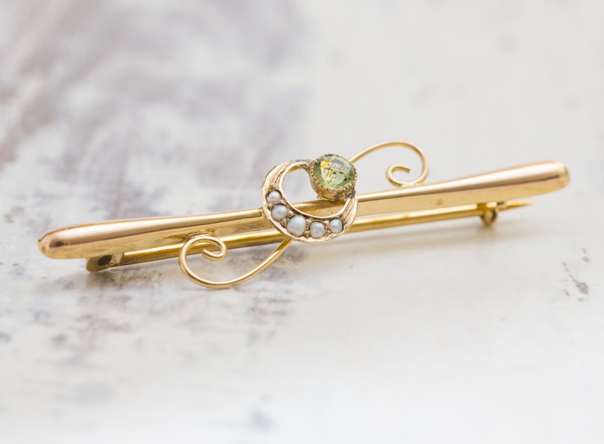 Antique 9ct Yellow Gold Bar Brooch Crescent Moon & Star Seed Pearls - Boxed (A2036)