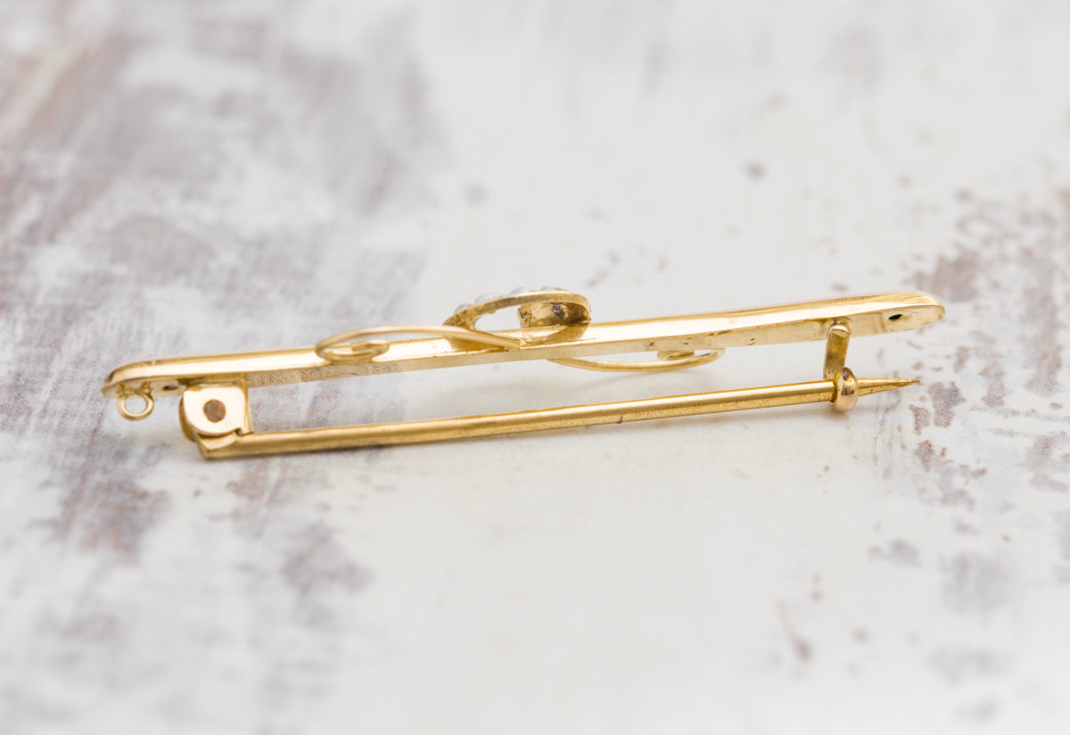 Antique 9ct Yellow Gold Bar Brooch Crescent Moon & Star Seed Pearls - Boxed (A2036)