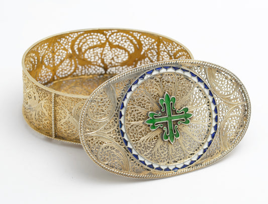Exquisite Antique Silver Gilt .830 Filigree & Enamel Jewel Box Portugal (A2041)