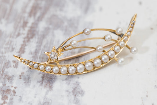 Antique 15ct Yellow Gold Seed Pearl & Natural Diamond Halleys Comet Brooch/Pin (A2042)