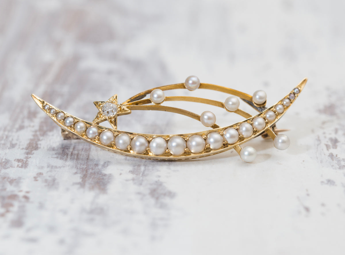 Antique 15ct Yellow Gold Seed Pearl & Natural Diamond Halleys Comet Brooch/Pin (A2042)