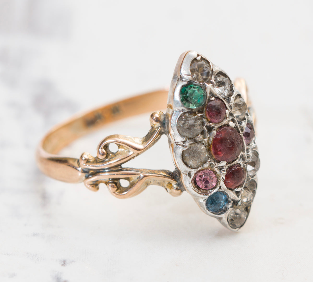 Antique Early Victorian 9ct Rose Gold & Silver Set Marquise Ring Multi Gem (A2053)
