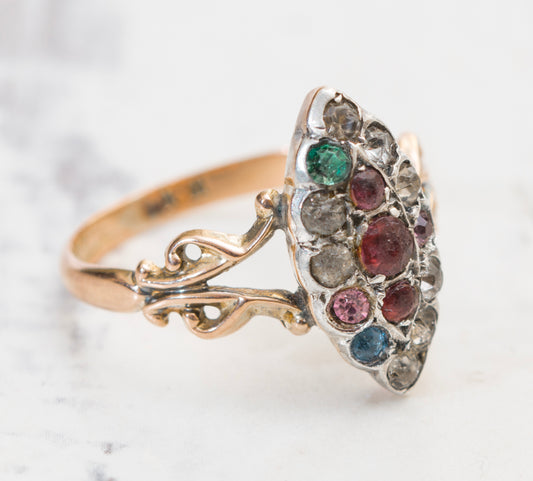 Antique Early Victorian 9ct Rose Gold & Silver Set Marquise Ring Multi Gem (A2053)