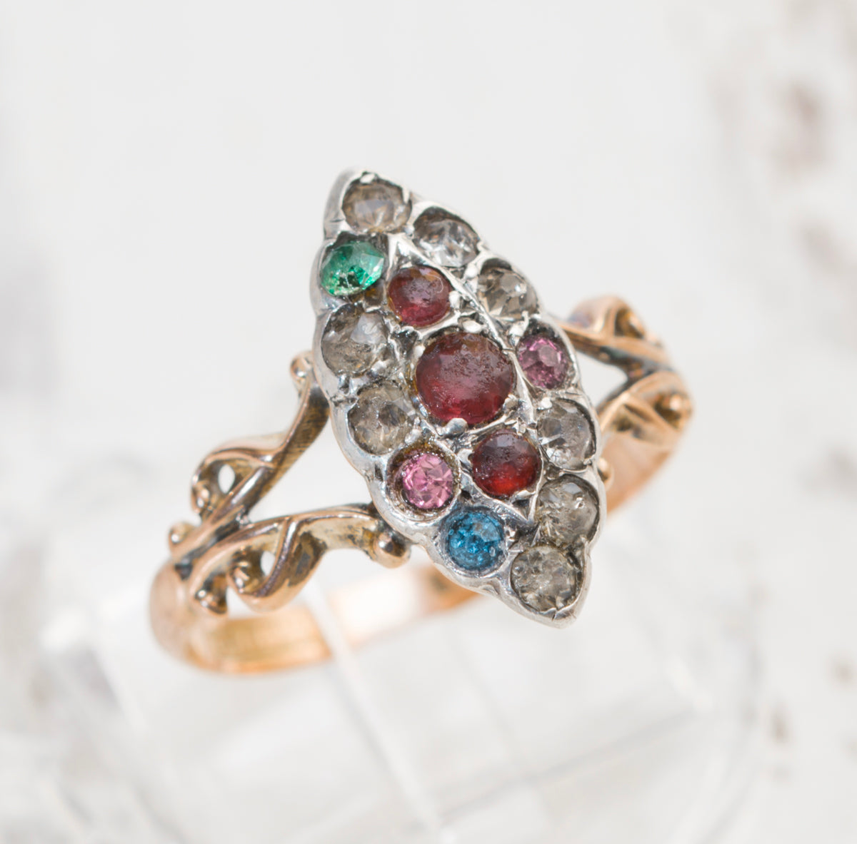 Antique Early Victorian 9ct Rose Gold & Silver Set Marquise Ring Multi Gem (A2053)