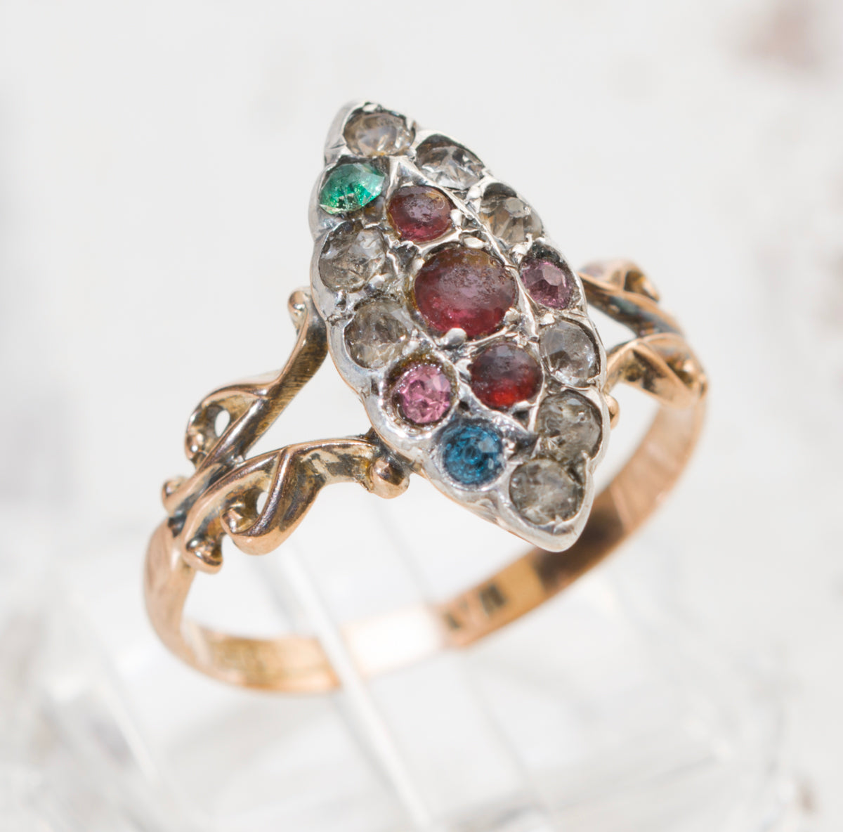 Antique Early Victorian 9ct Rose Gold & Silver Set Marquise Ring Multi Gem (A2053)