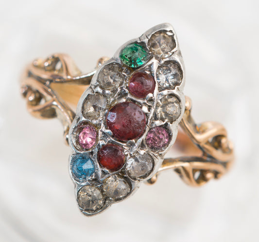 Antique Early Victorian 9ct Rose Gold & Silver Set Marquise Ring Multi Gem (A2053)