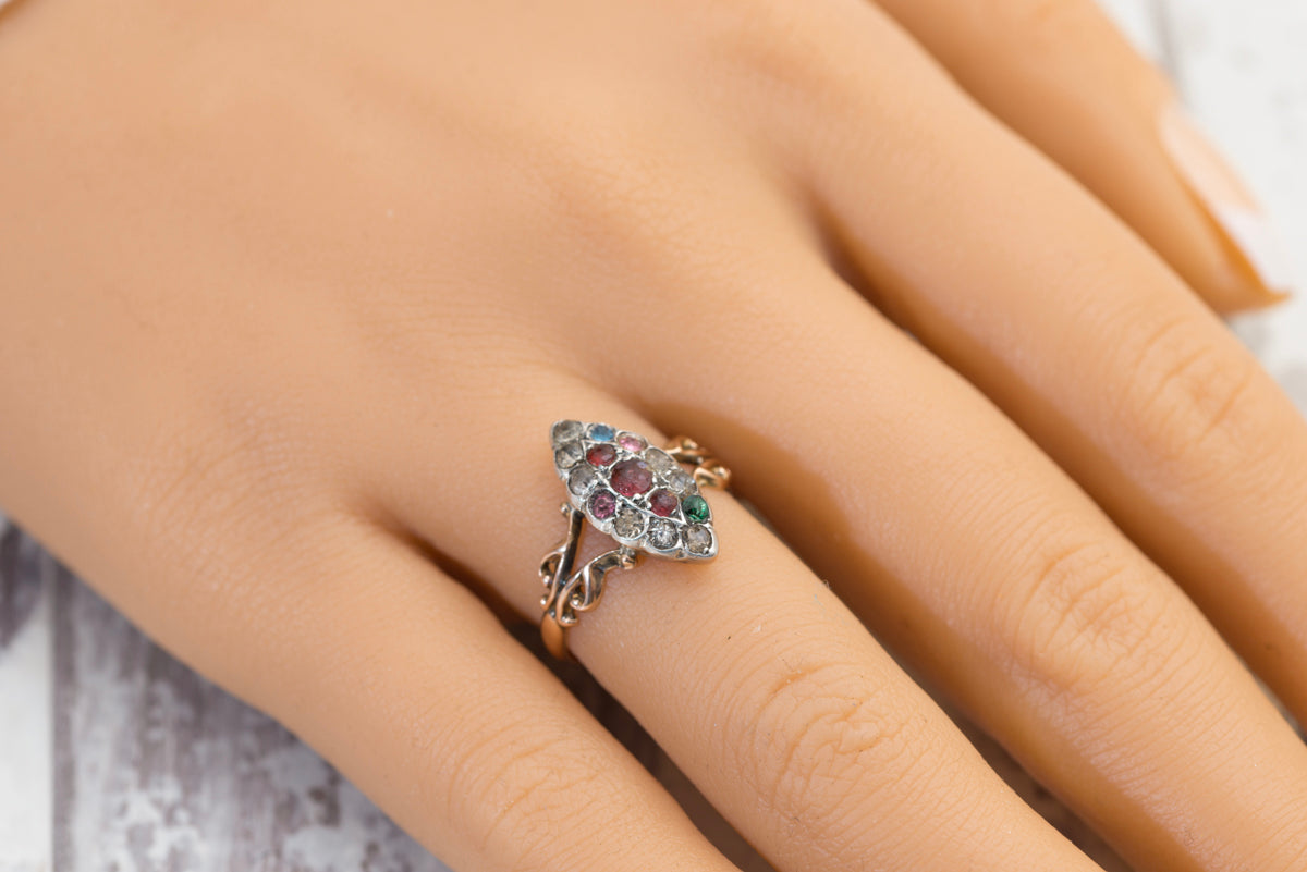 Antique Early Victorian 9ct Rose Gold & Silver Set Marquise Ring Multi Gem (A2053)