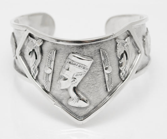 Vintage Egyptian Silver Cleopatra & Deity Cuff Bangle Arabic Hallmark .800 (A2075)