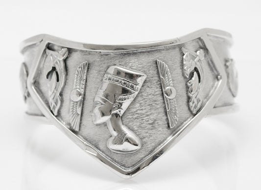 Vintage Egyptian Silver Cleopatra & Deity Cuff Bangle Arabic Hallmark .800 (A2075)