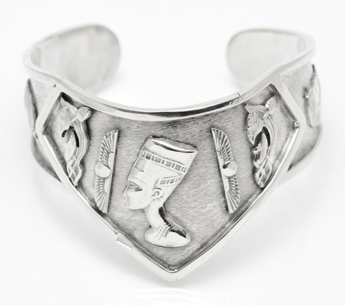 Vintage Egyptian Silver Cleopatra & Deity Cuff Bangle Arabic Hallmark .800 (A2075)