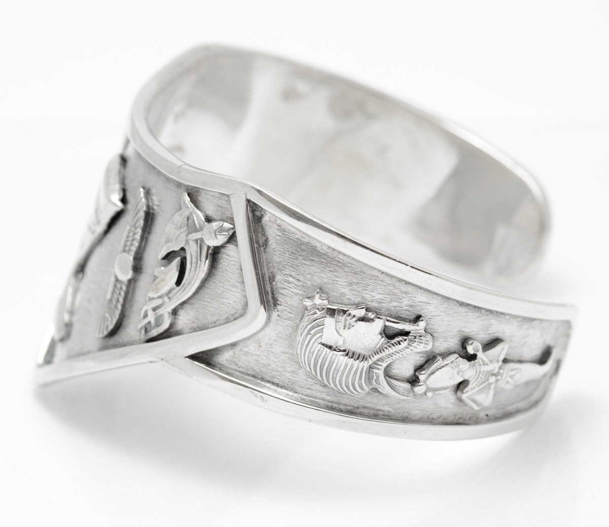 Vintage Egyptian Silver Cleopatra & Deity Cuff Bangle Arabic Hallmark .800 (A2075)