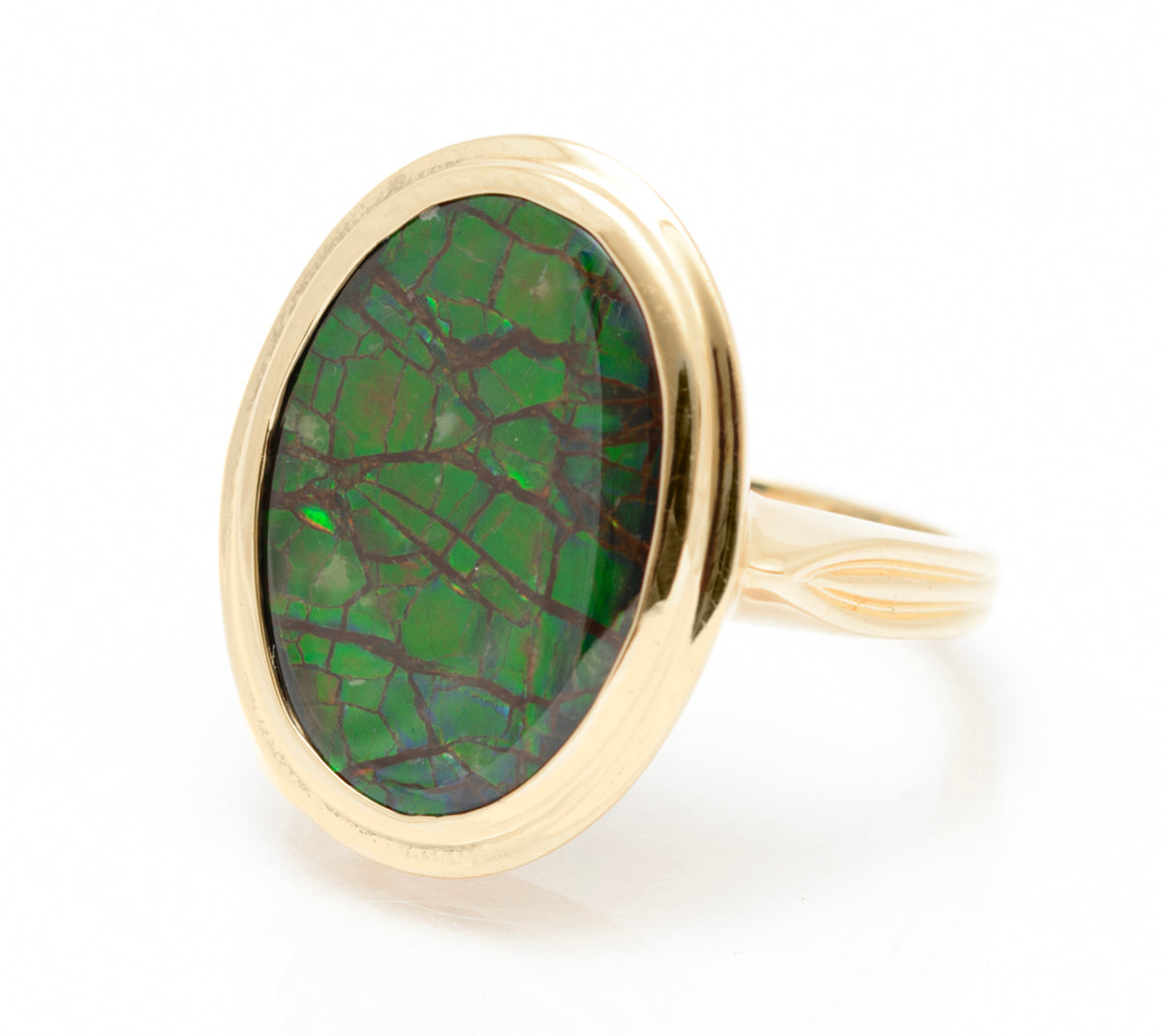 10K Yellow Gold & Canadian Ammolite Ring by Korite Large Oval Cabochon Size M1/2 (A2080)