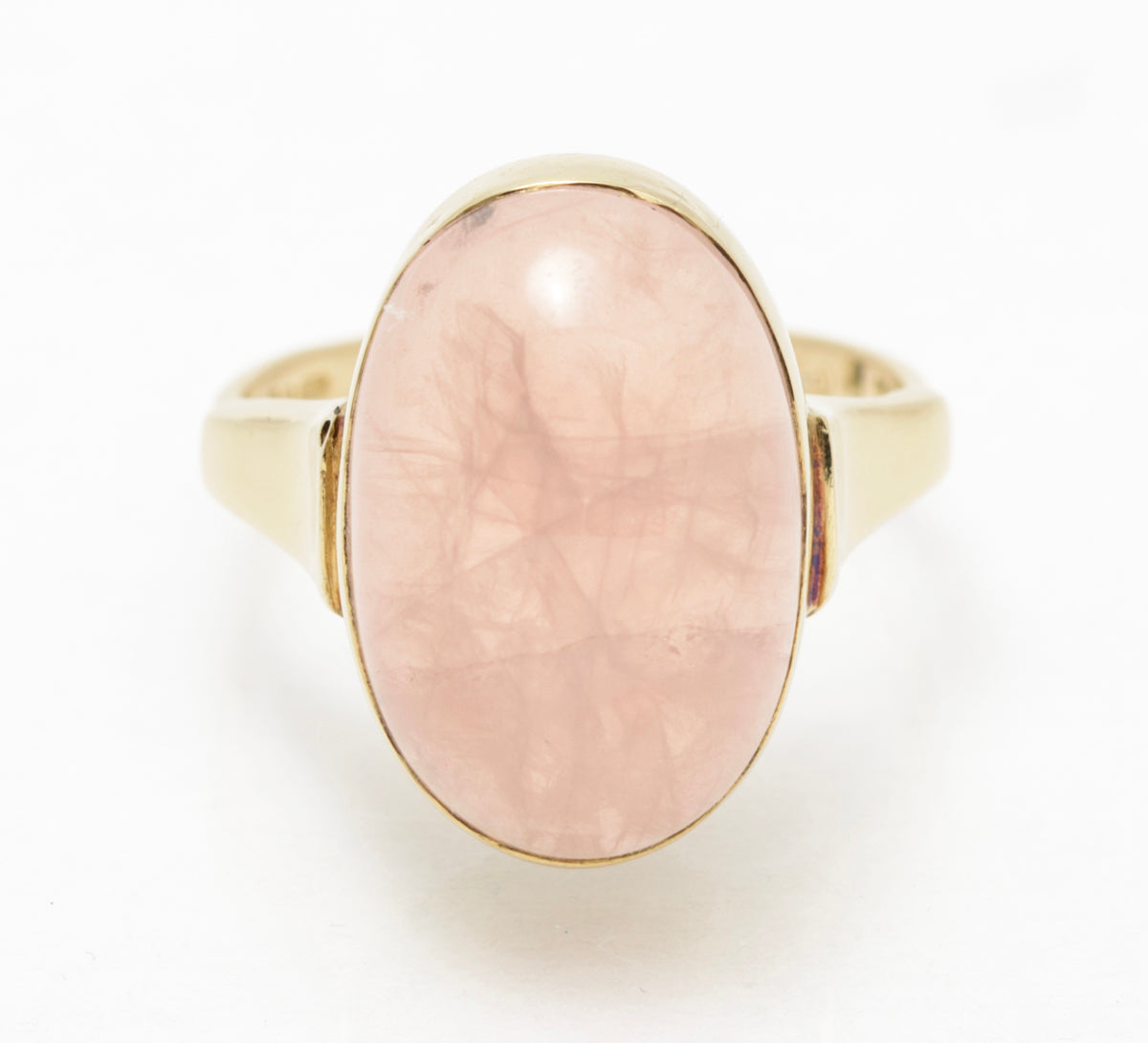 Vintage 9ct Yellow Gold & Large Oval Natural Rose Quartz Cabochon Solitaire Ring (A2083)