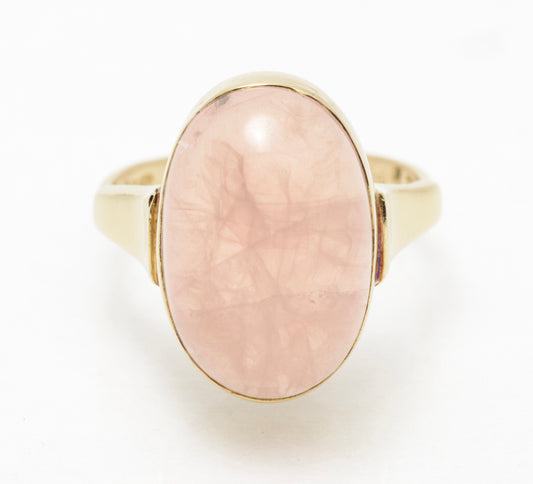 Vintage 9ct Yellow Gold & Large Oval Natural Rose Quartz Cabochon Solitaire Ring (A2083)