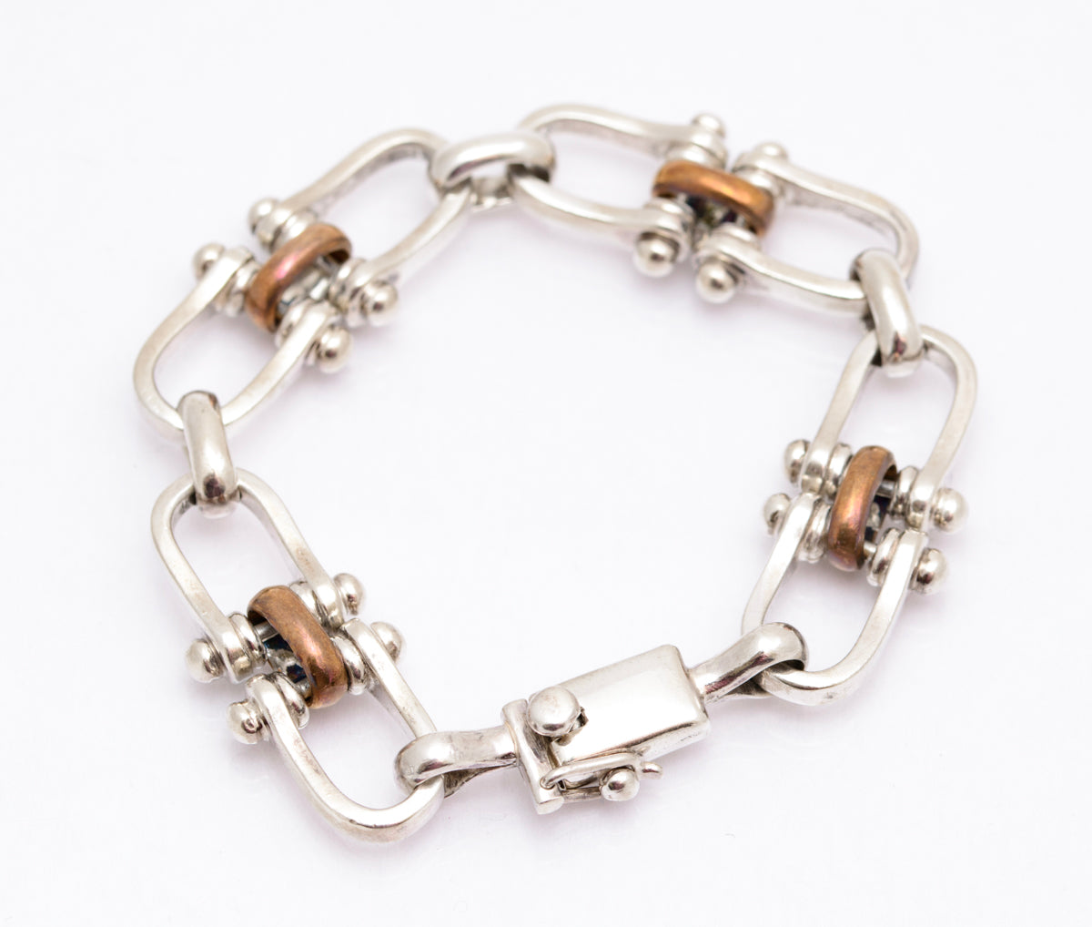 Vintage Mexican 925 Sterling Silver Shackle Design Chunky Bracelet (A2088)