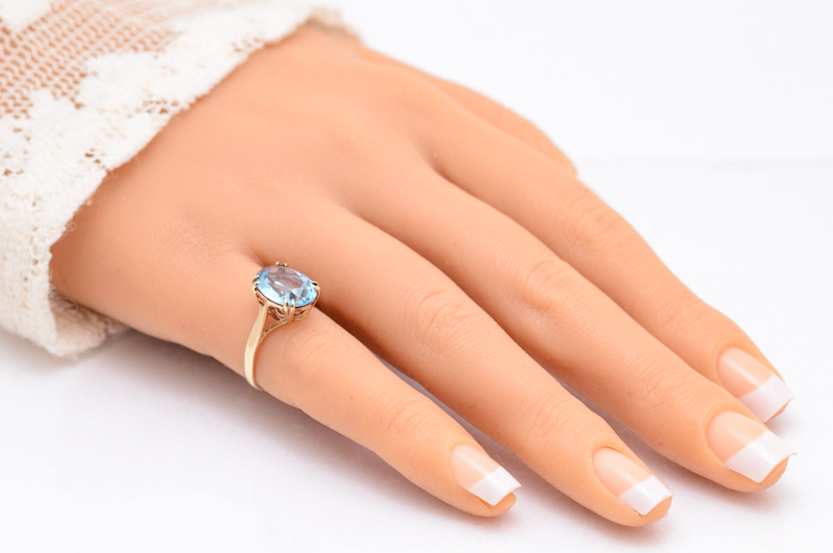 Vintage 9ct Yellow Gold & Lab-Created Blue Spinel Large Solitaire Ring Size K1/2 (A2090)