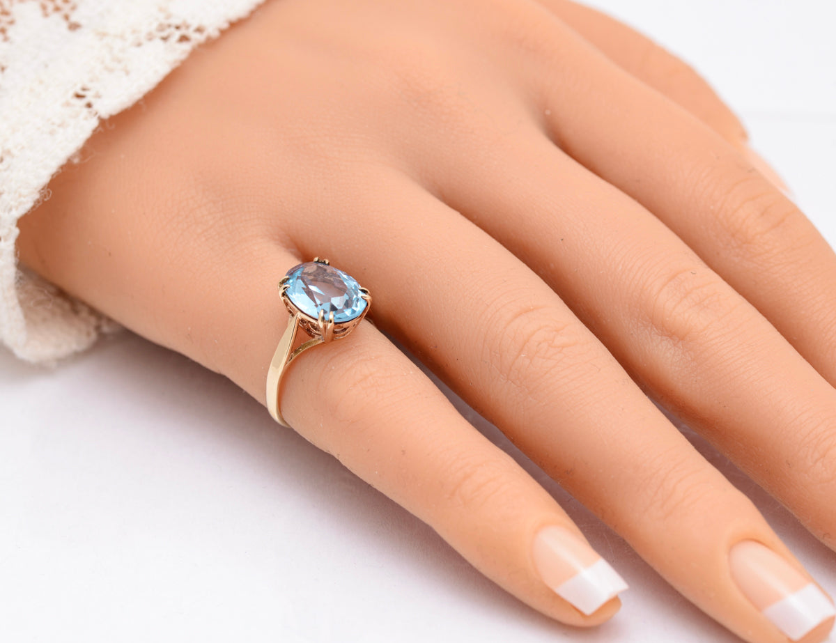 Vintage 9ct Yellow Gold & Lab-Created Blue Spinel Large Solitaire Ring Size K1/2 (A2090)
