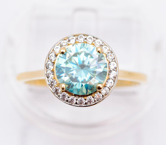 9ct Yellow Gold & Cyan Moissanite Gemstone Ring With Halo & London Hallmark (A2091)
