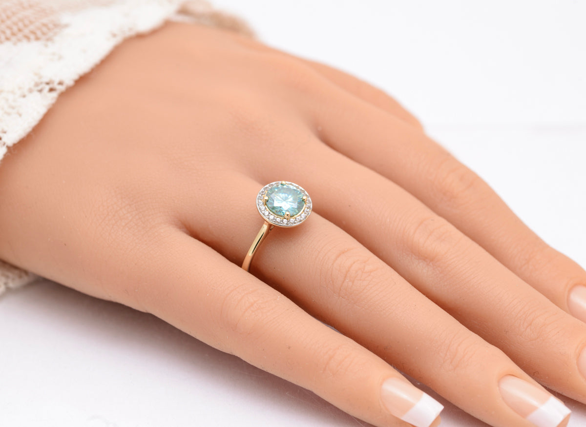 9ct Yellow Gold & Cyan Moissanite Gemstone Ring With Halo & London Hallmark (A2091)
