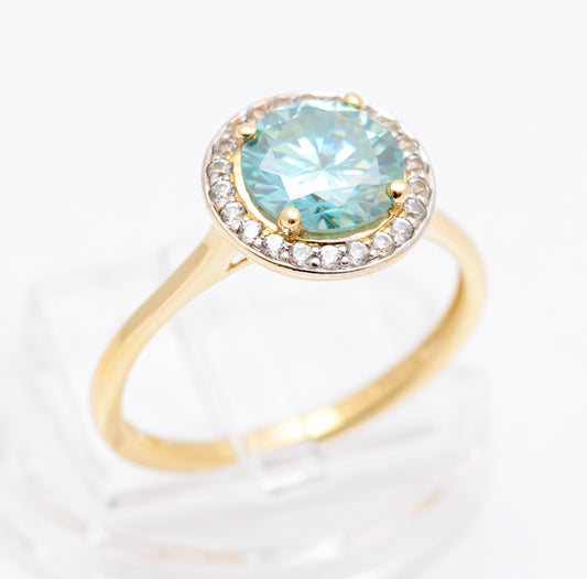 9ct Yellow Gold & Cyan Moissanite Gemstone Ring With Halo & London Hallmark (A2091)