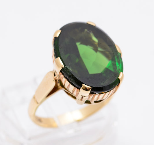 Vintage 9ct Yellow Gold & Large 10 Carat Green Tourmaline Gemstone Ring Size M (A2099)