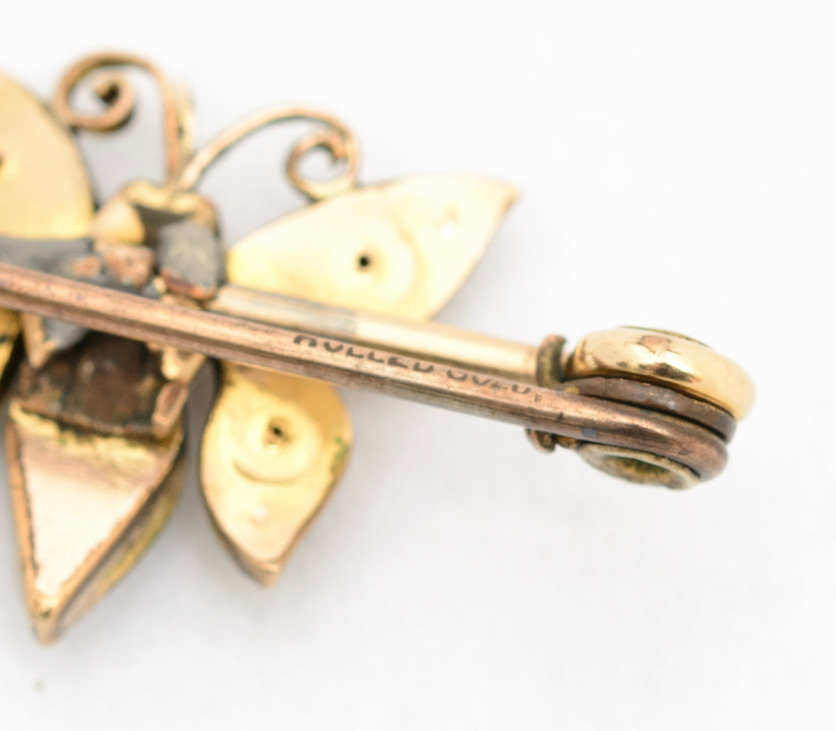 Antique Victorian Rolled Gold Butterfly Bug Scarf Clip Brooch Opal/Seed Pearl(A2104)